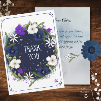 Dark Navy Blue Floral Thank You Card