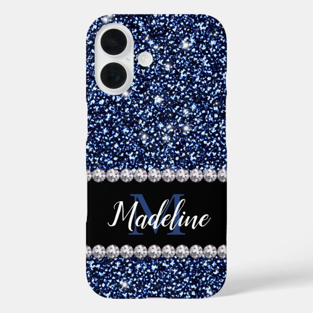Dark Navy Blue Glitter & Gems, Name and Monogram C Case-Mate iPhone Case (Back)