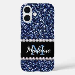 Dark Navy Blue Glitter & Gems, Name and Monogram iPhone 16 Case
