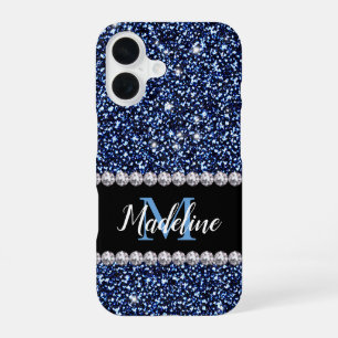 Dark Navy Blue Glitter & Gems, Name and Monogram iPhone 16 Case