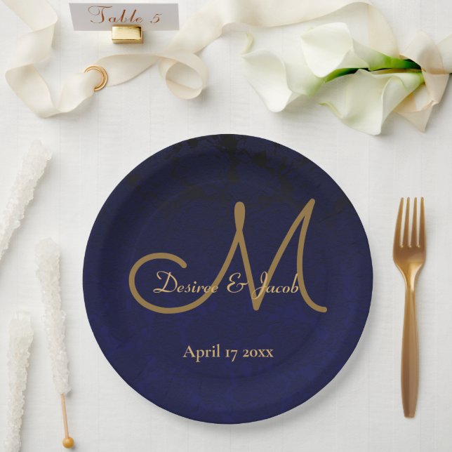 Dark Navy Blue Gold Floral Wedding Monogram Paper Plate (Wedding)