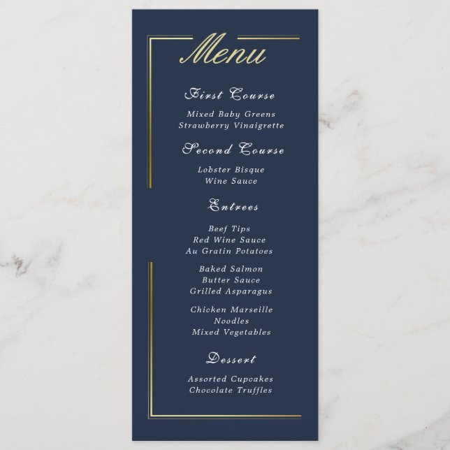 Dark Navy Blue Gold Frame White Script Simple Menu (Front)