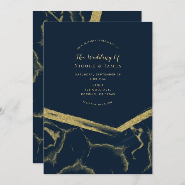 Dark Navy Blue & Gold Marble Chic Modern Wedding Invitation (Front/Back)