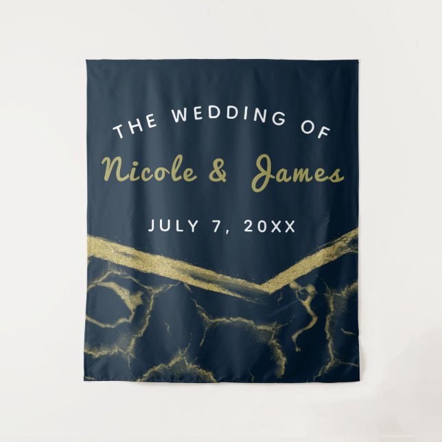 Dark Navy Blue & Gold Marble Chic Modern Wedding Tapestry (Front)