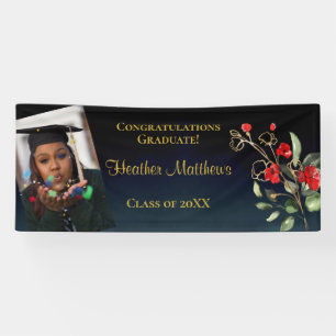 Dark Navy Blue & Gold Red Florals Graduation Banner
