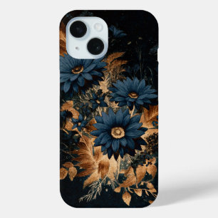 Dark Navy Blue & Gold Rustic Floral Glam Boho  iPhone 15 Case