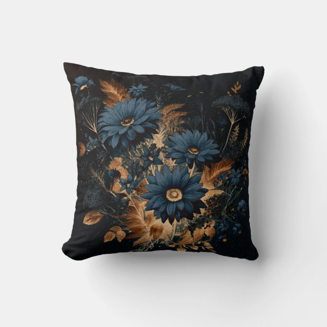 Dark Navy Blue & Gold Rustic Floral Glam Boho  Cushion (Front)