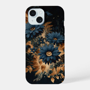 Dark Navy Blue & Gold Rustic Floral Glam Boho iPhone 15 Case