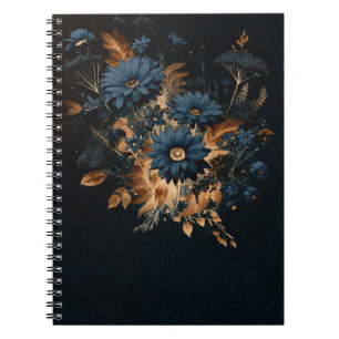 Dark Navy Blue & Gold Rustic Floral Glam Boho  Notebook