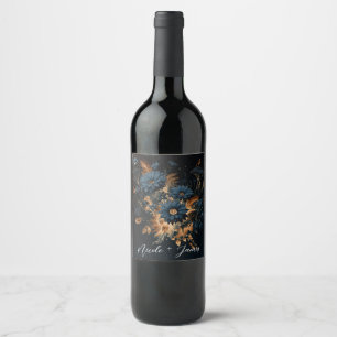 Dark Navy Blue Gold Rustic Floral Glam Wedding Wine Label