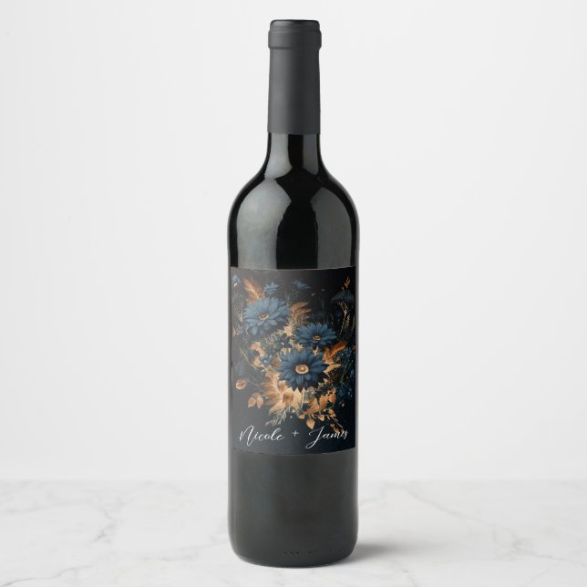 Dark Navy Blue Gold Rustic Floral Glam Wedding Wine Label (Front)