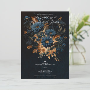 Dark Navy Blue & Gold Rustic Glam Boho Wedding  Invitation
