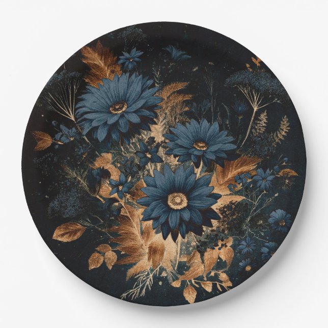 Dark Navy Blue & Gold Rustic Glam Boho Wedding  Paper Plate (Front)