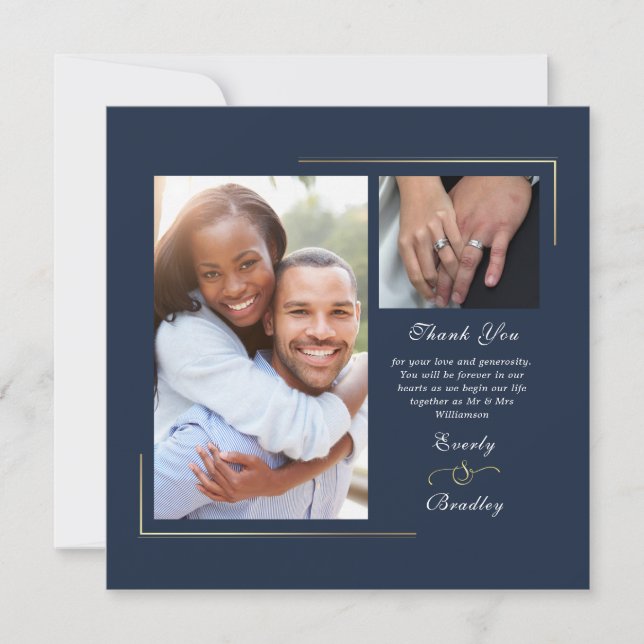 Dark Navy Blue Gold White Script Photo Thank You  Invitation (Front)