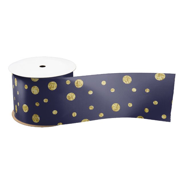 Dark Navy Blue Golden Chic Dots Pattern Ribbon Satin Ribbon (Spool)