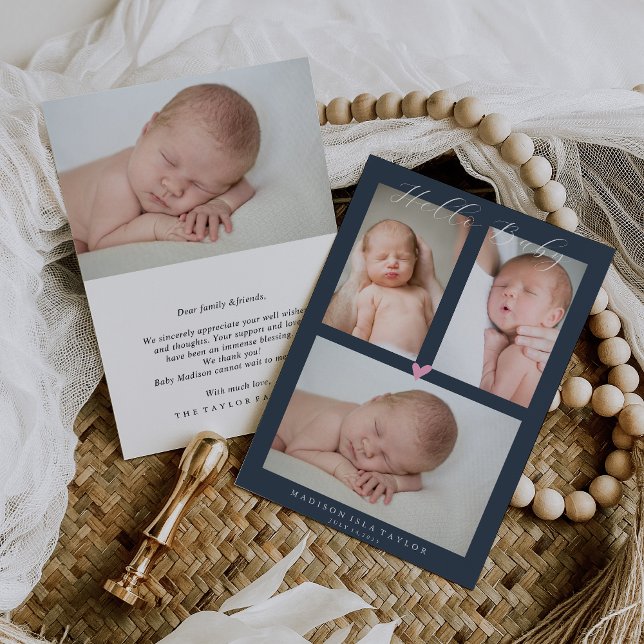 Dark Navy Blue Hello Baby Birth Announcement Card (Creator Uploaded)