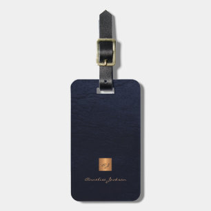 Dark navy blue leather gold monogram elegant luggage tag