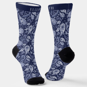 Dark Navy Blue Light Grey Paisley Pattern Socks