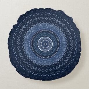Dark Navy Blue Mandala Round Cushion