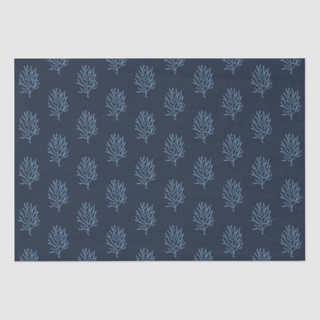 Dark Navy Blue Marine Life Corals Pattern Tissue Paper (Front)