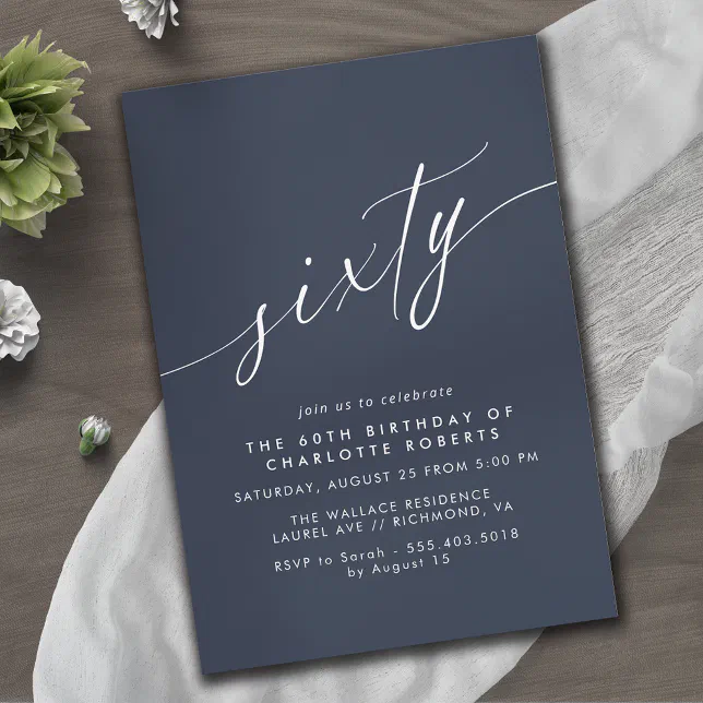 Dark Navy Blue | Modern Script 60th Birthday Invitation | Zazzle