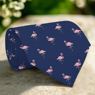 Dark Navy Blue Pink Flamingo Tropical Bird Tie