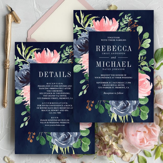 Dark Navy Blue Pink Floral All in One Wedding Invitation (Creator Uploaded)