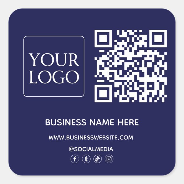 Dark Navy Blue QR Code Business Logo Website Square Sticker (Front)