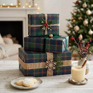 Dark Navy Blue Red Green Plaid Wrapping Paper