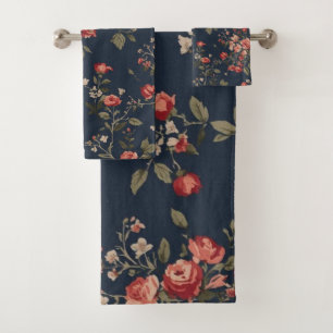 Dark Navy Blue Red Sage Cottage Floral Bath Towel Set