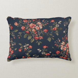 Dark Navy Blue Red Sage Cottage Floral Decorative Cushion