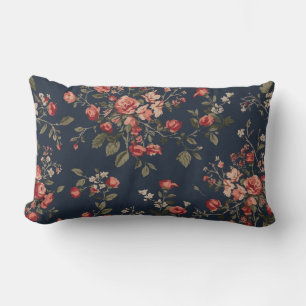 Dark Navy Blue Red Sage Cottage Floral Lumbar Cushion