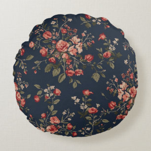 Dark Navy Blue Red Sage Cottage Floral Round Cushion