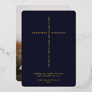 Dark Navy Blue Scripture Cross Photo Foil Holiday Card