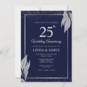 Dark Navy Blue Silver Leaf Wedding Anniversary  Invitation
