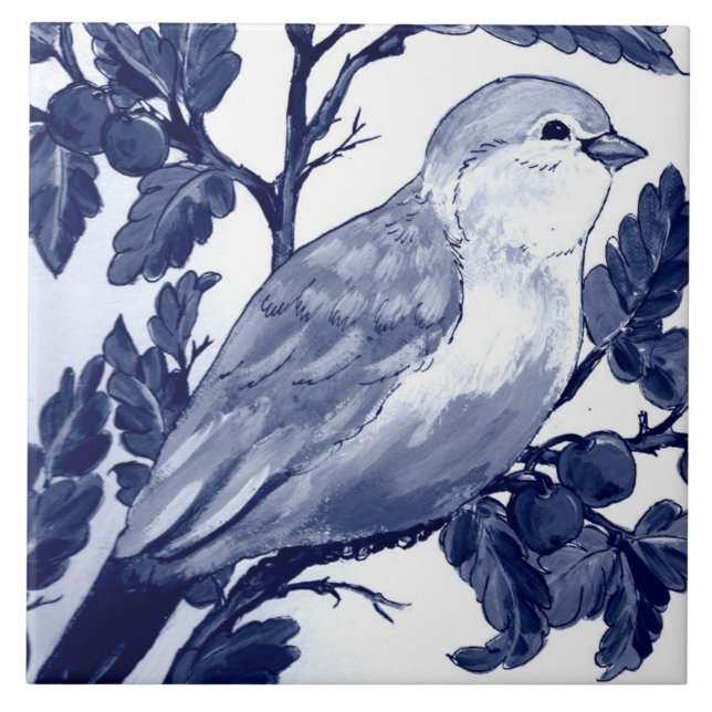 Dark Navy Blue White Bird & Cherry Tree Cobalt Ceramic Tile (Front)