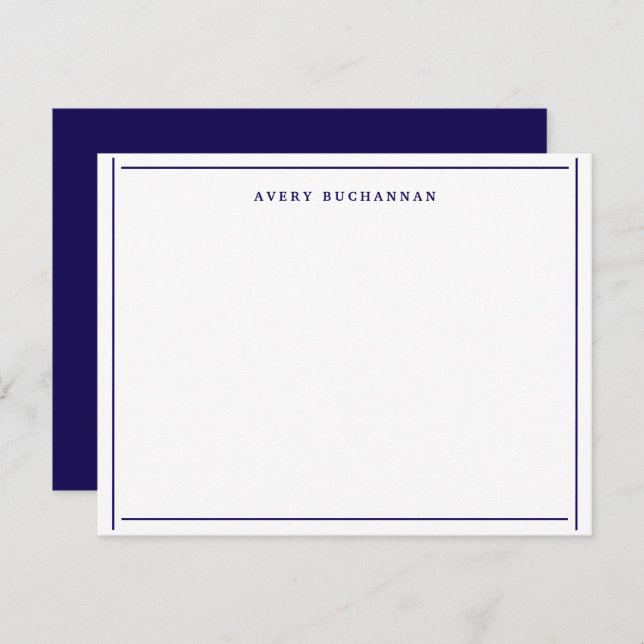 Dark Navy Blue White Border Name Flat Stationery Card (Front/Back)