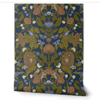 Dark Navy Blue Woodland Block Print Damask Wallpaper
