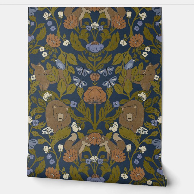 Dark Navy Blue Woodland Block Print Damask Wallpaper (Unrolling)