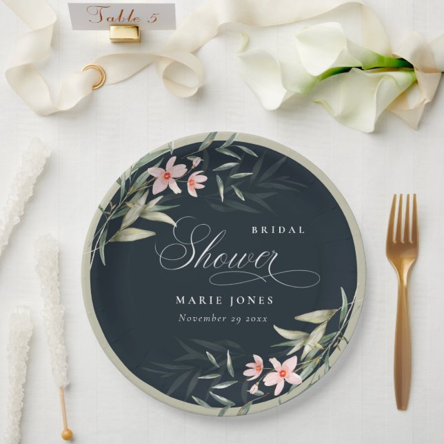 Dark Navy Blush Greenery Floral Bridal Shower Paper Plate (Wedding)