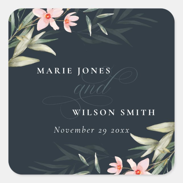 Dark Navy Blush Greenery Floral Bunch Wedding Square Sticker (Front)