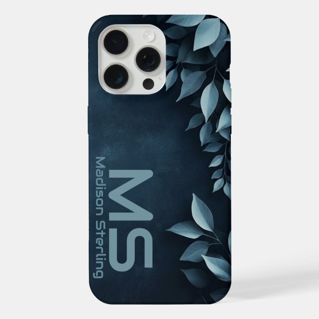 Dark Navy Botanical Leaves Monogram iPhone Case  (Back)