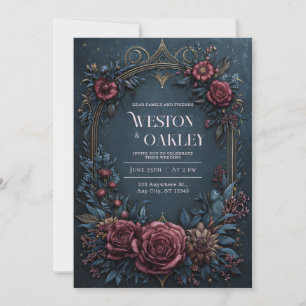 Dark Navy Burgundy Floral Antique Gold Wedding Invitation