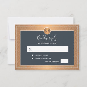Dark navy copper metallic monogrammed wedding RSVP card