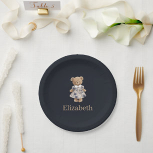 Dark Navy Custom Name Teddy Bear Girl Baby Shower Paper Plate