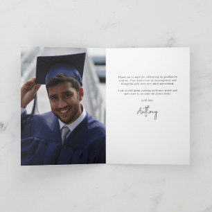 Dark Navy Elegant Script Graduation Photo+Message Thank You Card