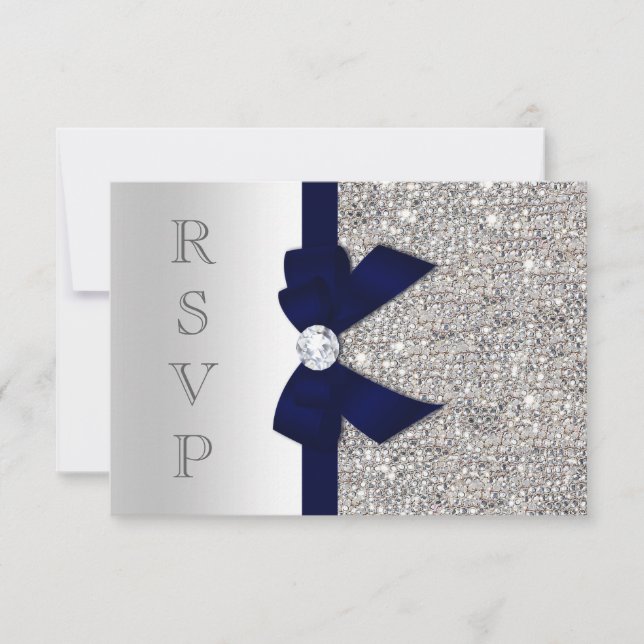 Dark Navy Faux Bow Silver Sequins Diamond RSVP (Front)