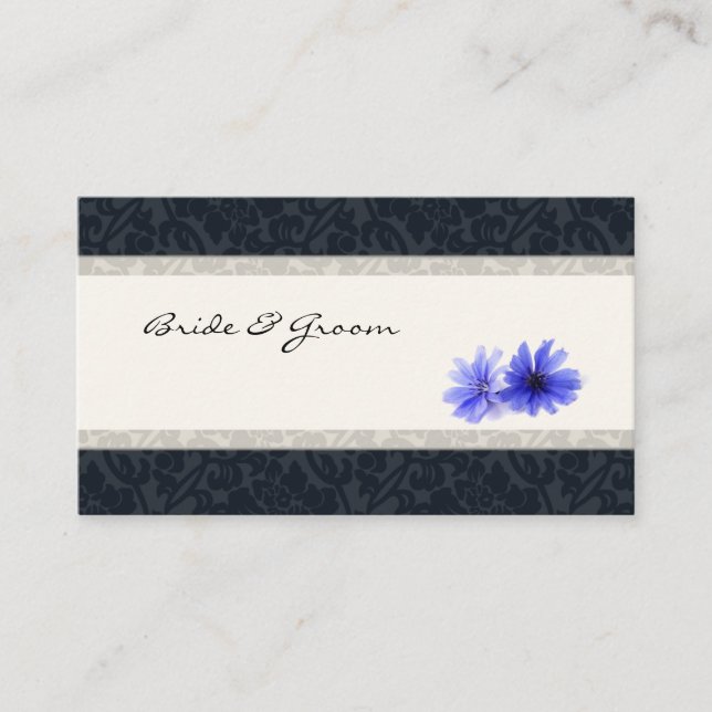 Dark Navy Floral Damask Place Cards, Ivory Card (Front)