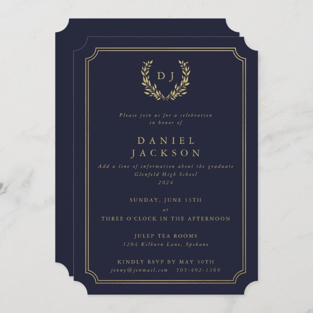 Dark Navy/Gold Monogram Laurel Wreath Graduation I Invitation (Front/Back)