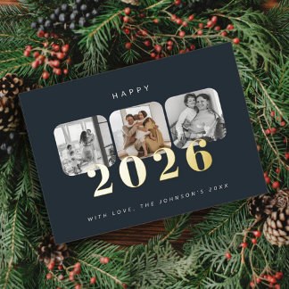 Dark Navy Happy New Year 2026 Photo Gold Foil Holiday Postcard